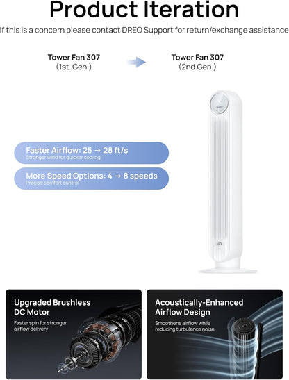 DREO Smart Tower Fan for Bedroom, 28ft/s Velocity, 8 Speeds Ultra Quiet Fan