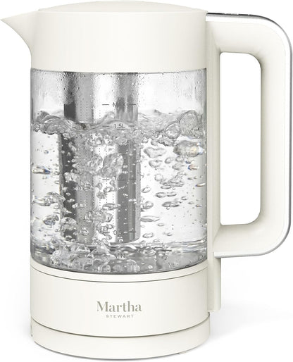 Martha Stewart Electric Kettle with Removable Stainless Steel Tea Infuser, Glass Carafe 1.7L (7 Cups), Hot Water Boiler, 4 Presets, Keep Warm & Auto Shut-Off, Cordless 360° Swivel Base, Honeydew Green