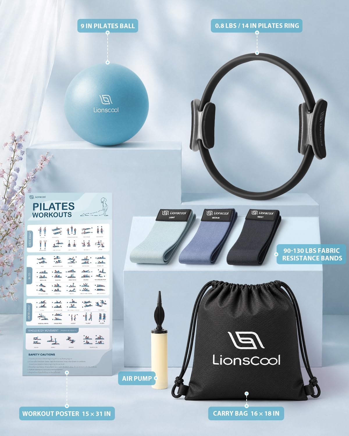 LIONSCOOL Pilates Ring Set – 14" Anti-Deformation Magic Circle with Padded Handles, Mini Ball, Resistance Bands, Guide & Bag