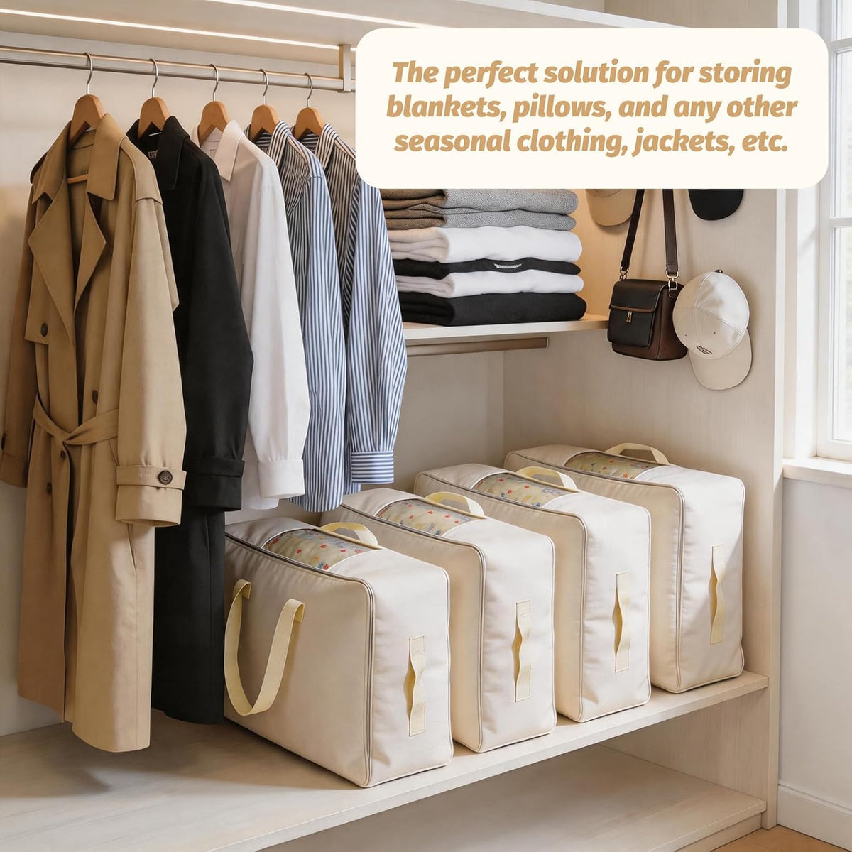 Soft Large Canvas Storage Bags with Zipper. Thick Breathable. Four Carrying Handles and Window. Cotton Linen Storage for Pillows, Quilt, Blankets and Comforter, 80L, Beige