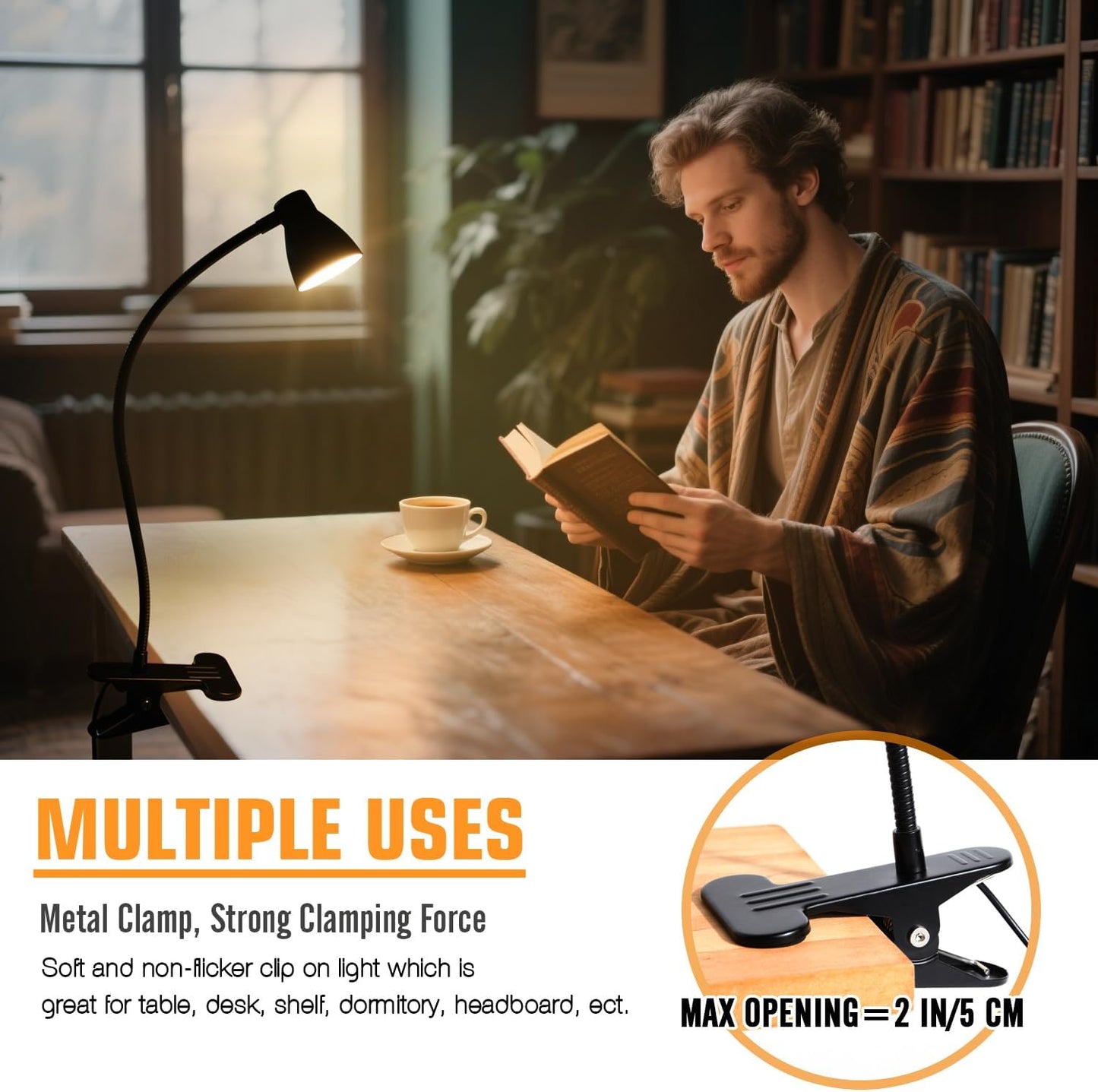 CRI 90+ Eye-Care Clip Light for Reading, 6W Small Clamp Lamp for Desk, Flexible Gooseneck Clip Lamp for Bed Headboard with 3 Color Modes & 10 Brightness(Adapter Include)