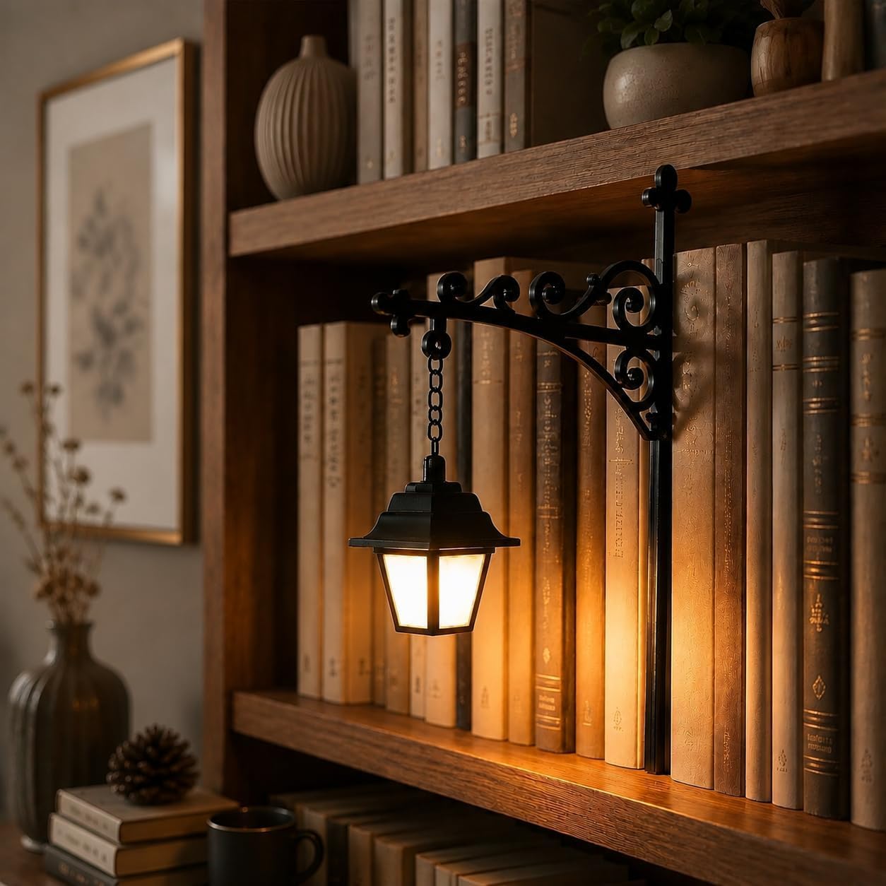 Library Lantern-Decorative Bookshelf Lighting, Mini Bookshelf Lamp Slides Between Books, Warm Amber LED Bookshelf Lights for Book Nook, Shelf Decor Gift for Book Lovers(Reading Ghost)