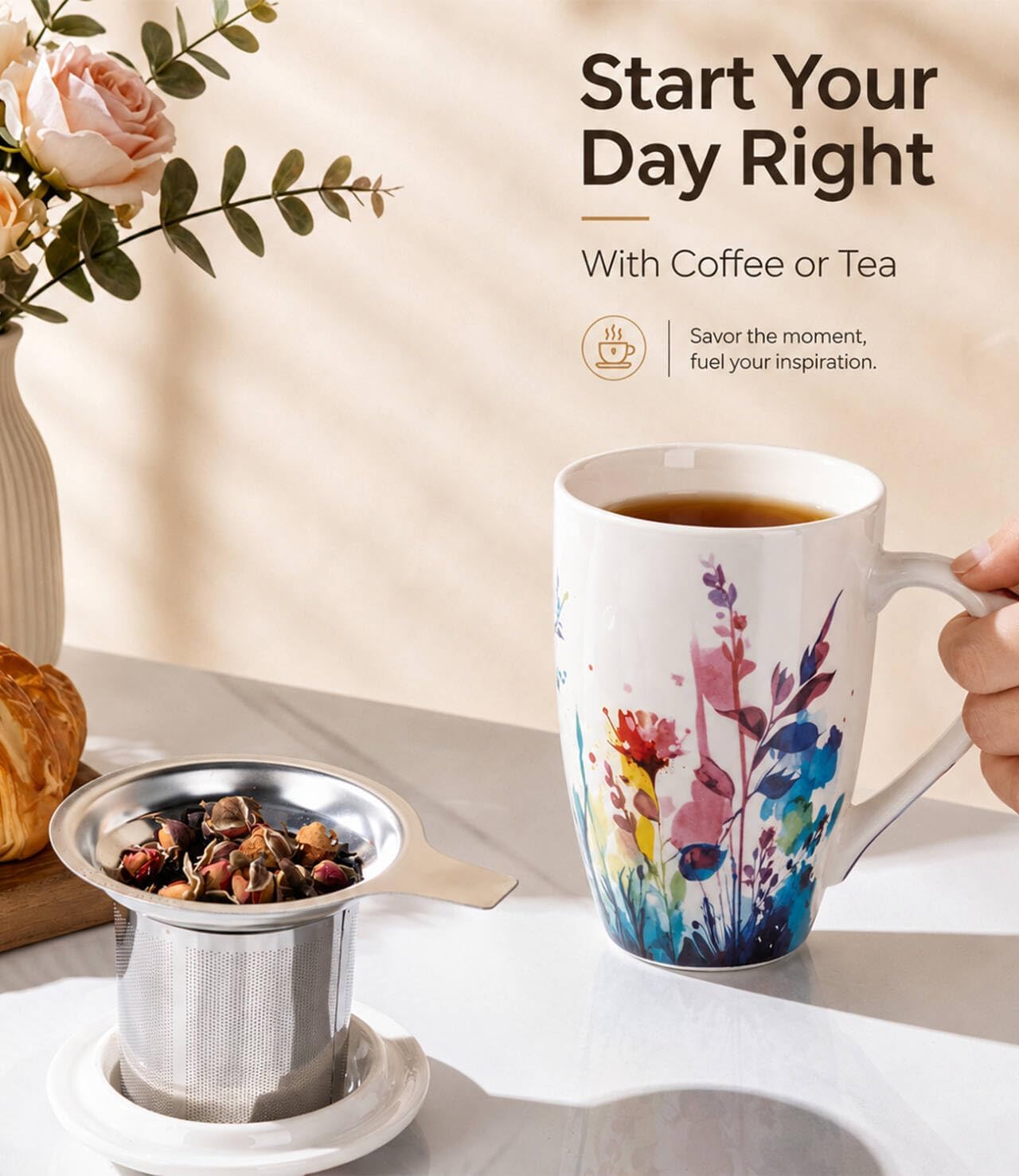AmorArc 18oz Porcelain Tea Mug with Infuser & Lid, Loose Leaf Tea Cup with Stainless Steel Strainer, Large Coffee Mug Gift for Women, Tea Lovers, Home & Office