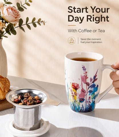 AmorArc 18oz Porcelain Tea Mug with Infuser & Lid, Loose Leaf Tea Cup with Stainless Steel Strainer, Large Coffee Mug Gift for Women, Tea Lovers, Home & Office