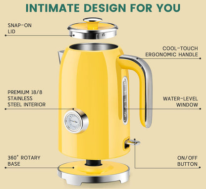 SUSTEAS 57oz Electric Kettle with Thermometer, Hot Water Pot, Retro Green