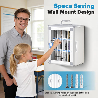 24 Slots Cell Phone Locker, Classroom Phone Storage Cabinet with Key, 【Wall Mounted】 【Aluminum Alloy】 Phone Lock Box, Mobile Phone Lockbox with Handle for School Office Exam(Silver)