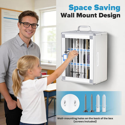 24 Slots Cell Phone Locker, Classroom Phone Storage Cabinet with Key, 【Wall Mounted】 【Aluminum Alloy】 Phone Lock Box, Mobile Phone Lockbox with Handle for School Office Exam(Silver)