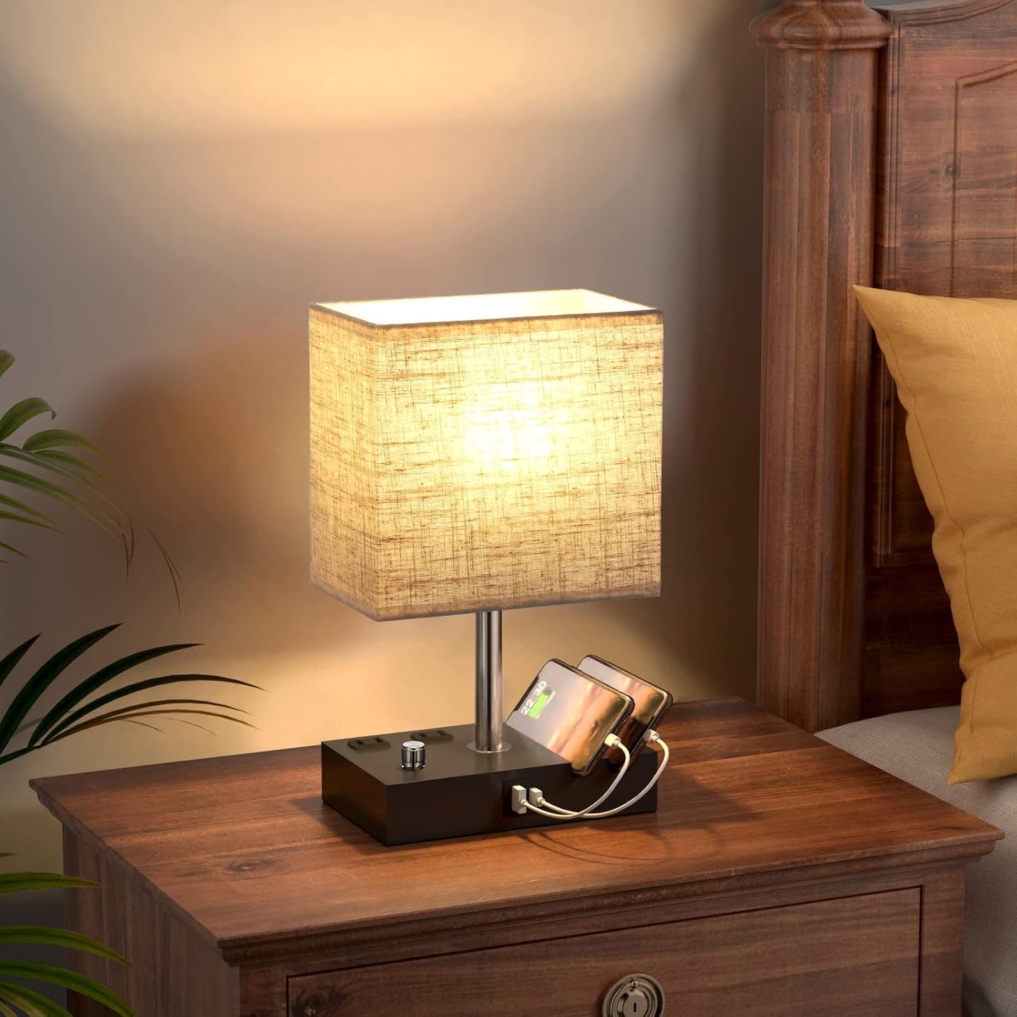 Kakanuo Fully Dimmable Nightstand Lamp for Bedroom with USB C Ports, Grey Small Bedside Table Lamp with Charging Outlets and Phone Stands, Wooden Desk Lamp for Living Room, LED Bulb Included