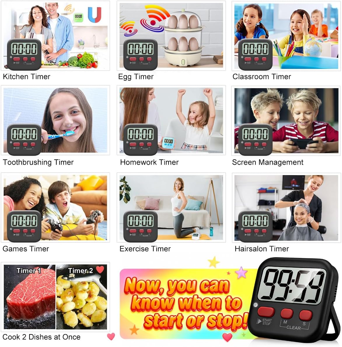 Antonki 2 Pack Digital Timer for Kids Classroom Kitchen Timers for Cooking