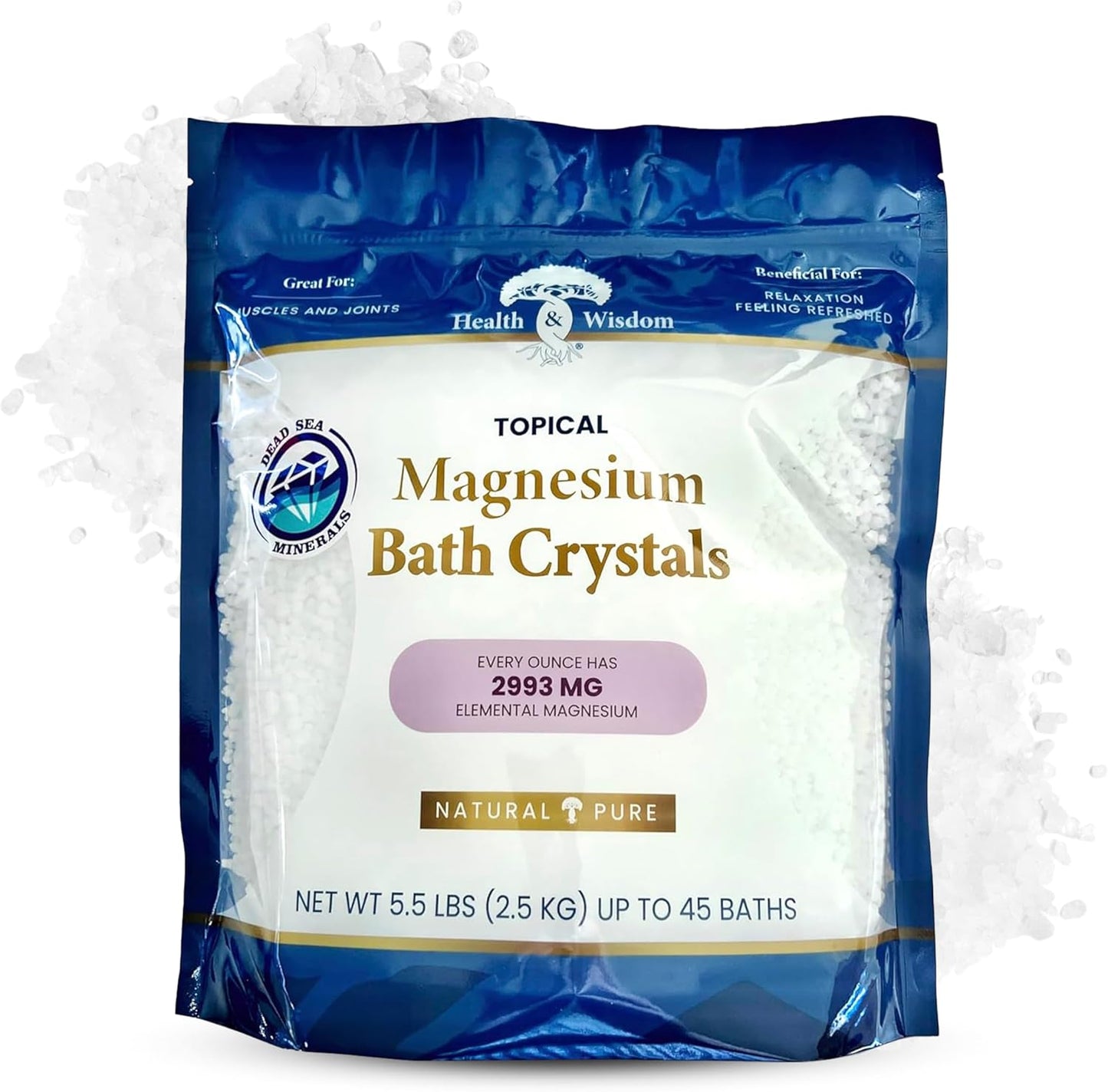 Health and Wisdom Magnesium Bath Crystals - Bath Salts with High Concentration & Enhanced Absorption for Muscle & Joint Relief - Dead Sea Sourced - Unscented - 5.5 lb Bag - Up to 45 Uses