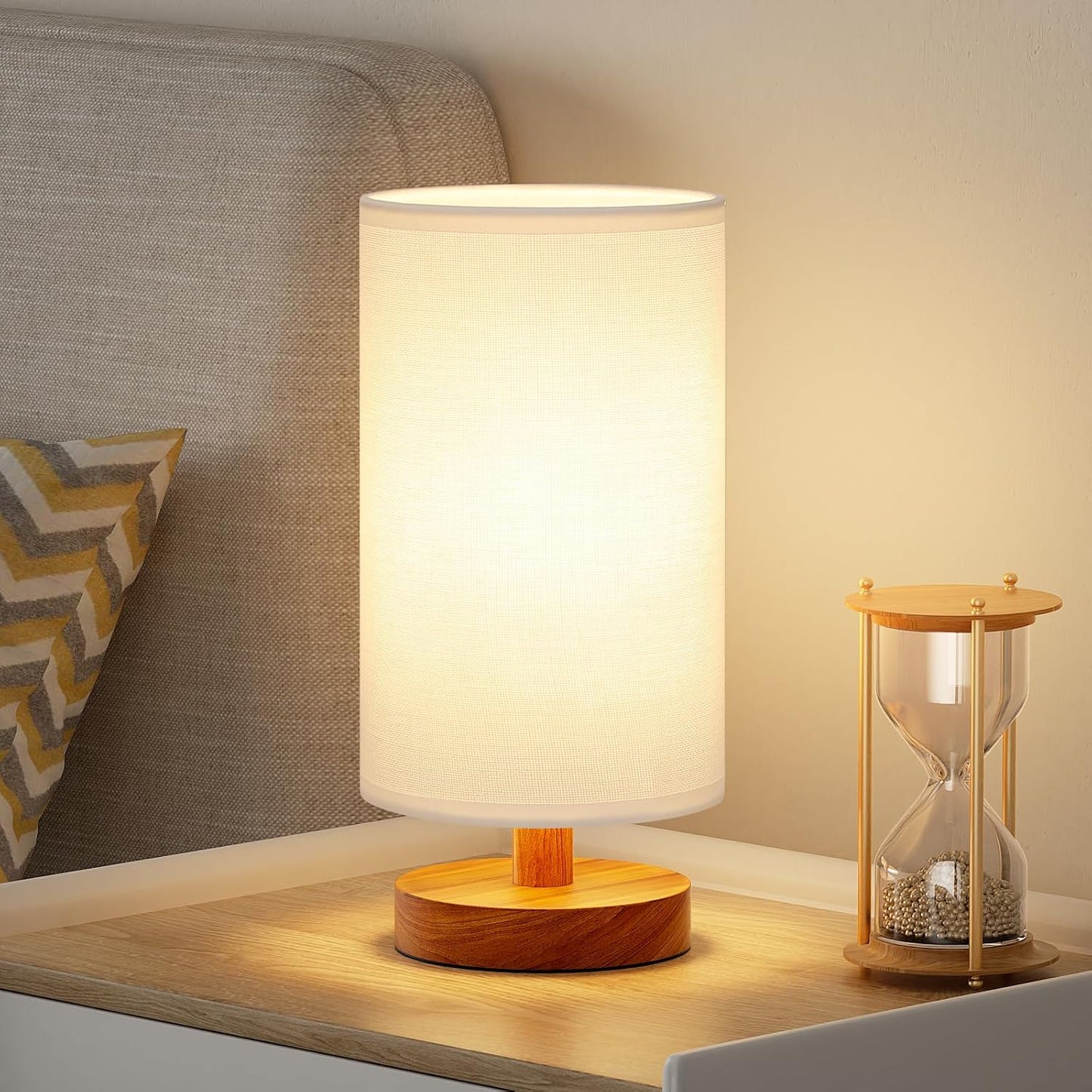 Fenmzee Small Table Lamp for Bedroom - Inline Control, Bedside Lamp with 3000K A15 LED Blub, Easy Assembly (Cream Shade - Wood Base, 9" Inline Control)