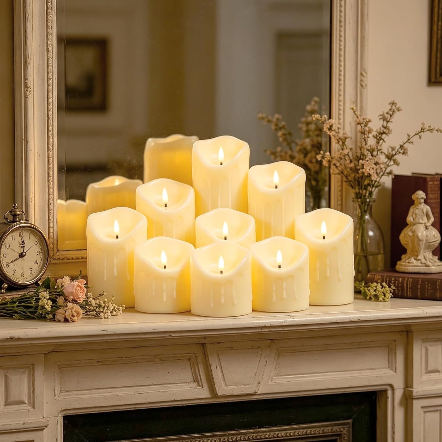 Nimiko Flameless Candles with Remote, Battery Operated Flickering Flameless Candles, LED Candles with Timer 2/4/6/8H, with Realistic LED Candles Set of 9 (D3 x H 3" 4" 5" 6" 7") (Ivory)