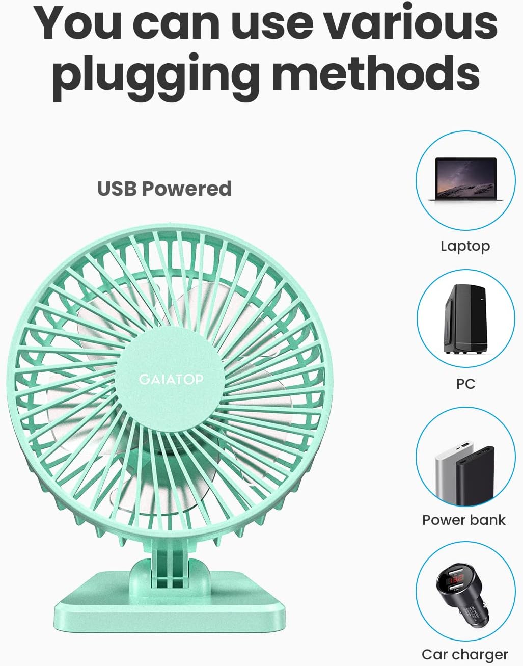 Gaiatop USB Desk Fan, Small But Powerful, Personal Portable Quiet 3 Speeds, Adjustable Mini Table Desktop fan for Cooling Home Office Car Summer Travel Gifts Blue