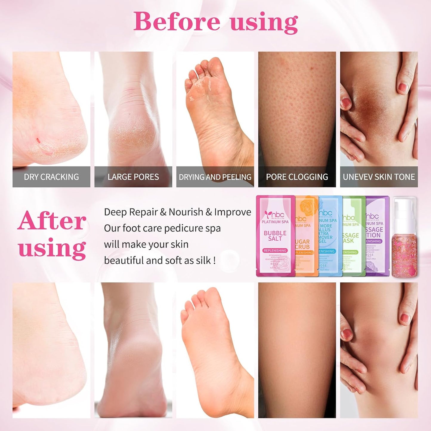 Pedicure Kit Foot Soak Set: Bubble Salt, Sugar Scrub, Massage Mask, Massage Lotion in a Box, 4 Step Foot Spa Kit for Dry Feet, Softens Calluses, Tired Feet（3 Set Lavender) - Colors B
