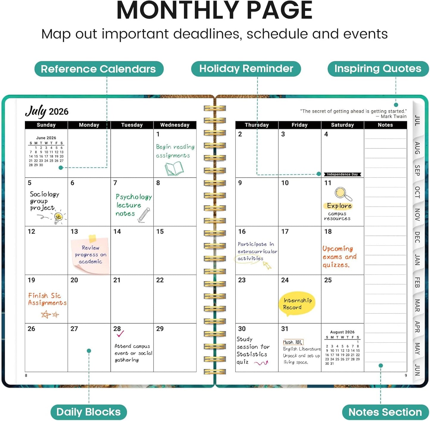 Planner 2026-2027, Academic Monthly and Weekly Calendar Planner for Women, July 2026 - June 2027, Hardcover Pretty Agenda Planner Book with Tabs, Spiral Daily Organizer for School Office Home Supplies, 6.3" x 8.5" - Blue Floral