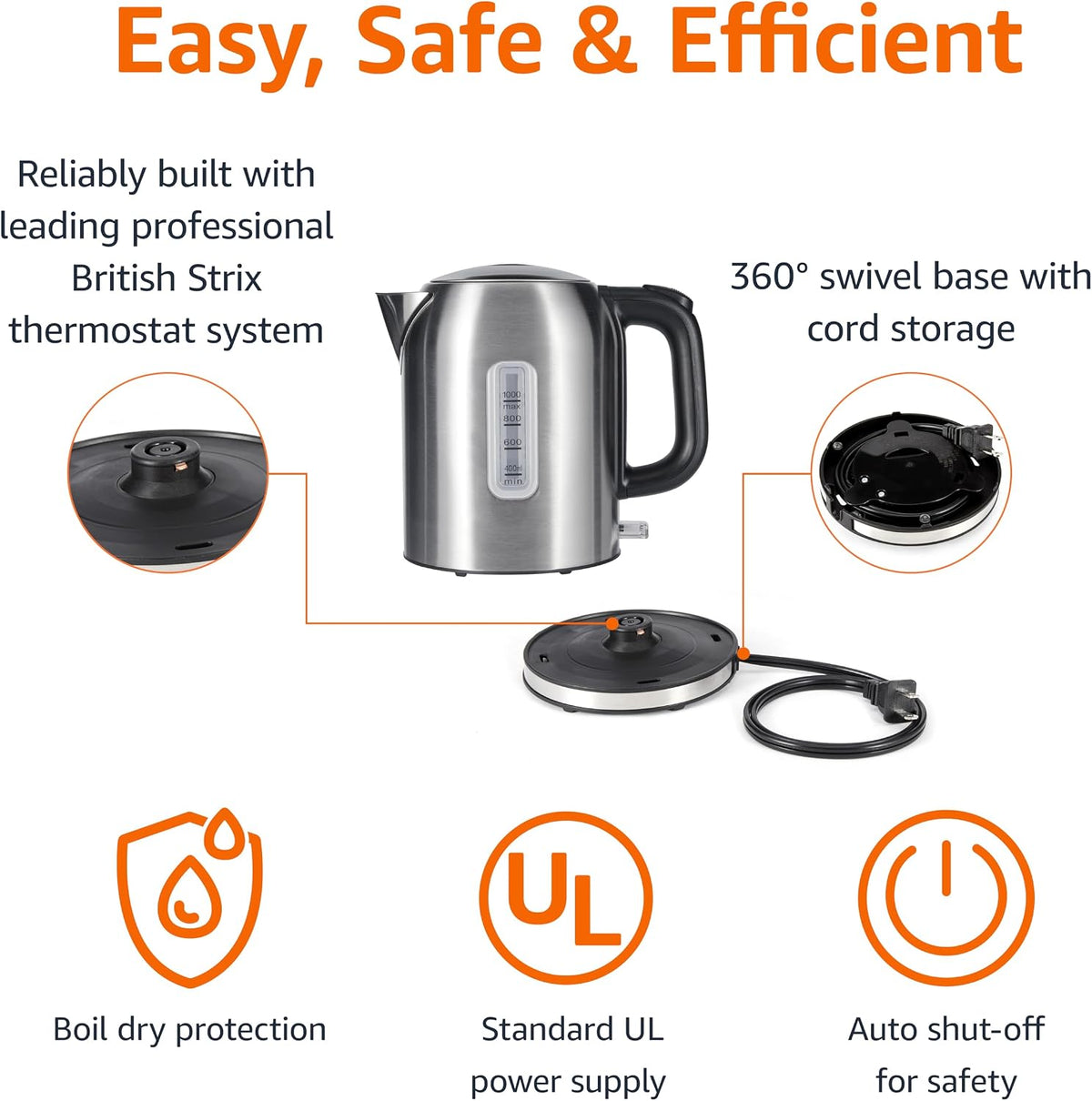 Amazon Basics Electric Kettle with Glass Carafe for Tea and Coffee, BPA-Free, Fast Boiling, Auto Shut-Off, Boil-Dry Protection, Water Level Indicator, 1.7 Liter, 1500W, Black and Silver