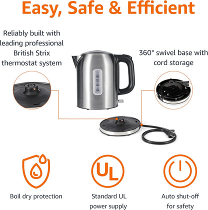 Amazon Basics Electric Kettle with Glass Carafe for Tea and Coffee, BPA-Free, Fast Boiling, Auto Shut-Off, Boil-Dry Protection, Water Level Indicator, 1.7 Liter, 1500W, Black and Silver