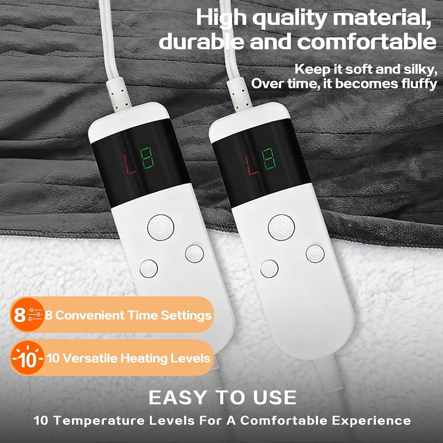 Electric Heated Blanket Throw Size 50''x60''-Control Heating Blanket, Soft & Warm Flannel 10-Level Temperature Control, 8 Hours Auto Off, Rapid Heating & Overheat Protection