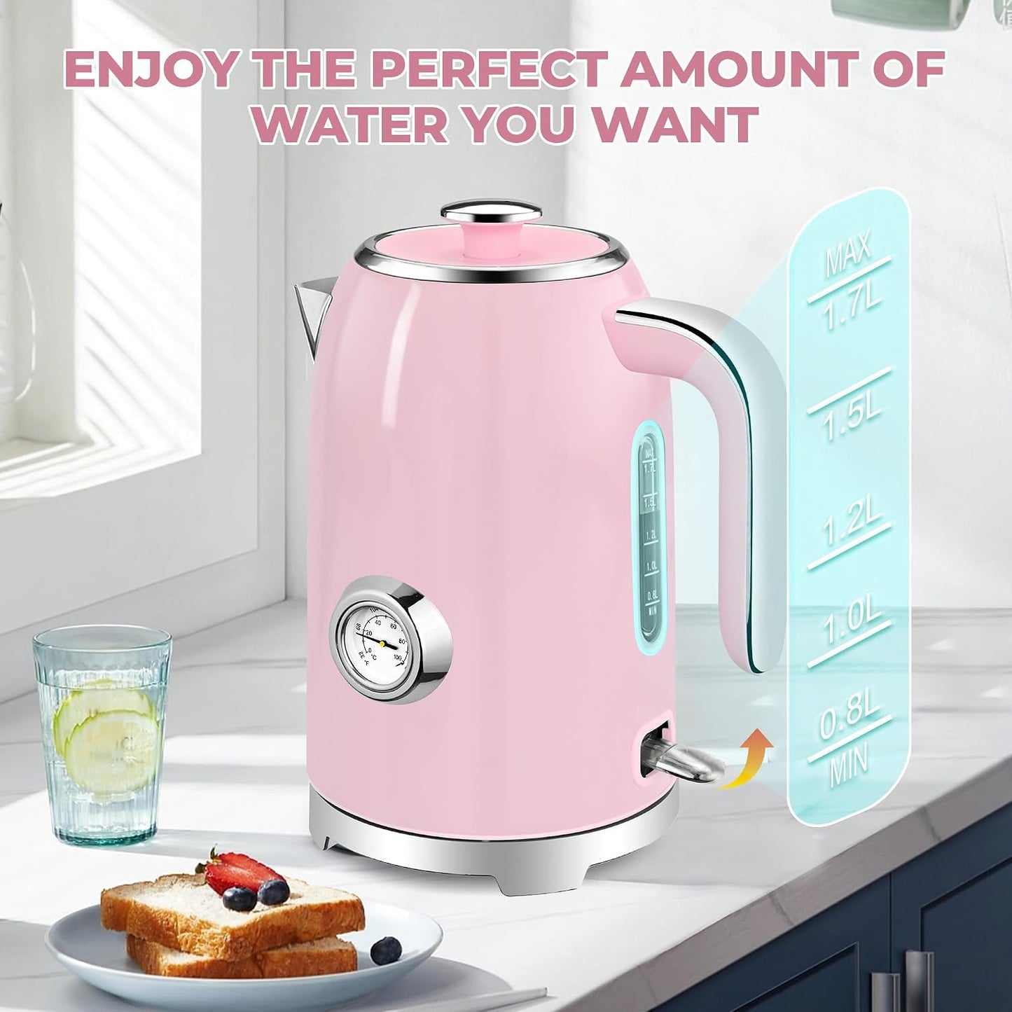 SUSTEAS Electric Kettle - 57oz Hot Tea Water Boiler with Thermometer, 1500W Fast Heating Stainless Steel Pot, Cordless LED Indicator, Auto Shut-Off & Boil Dry Protection, Retro Green