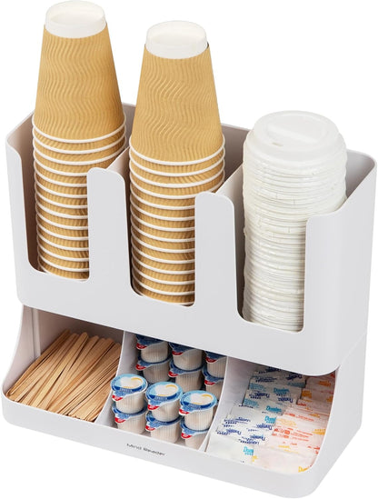 Mind Reader Condiment Station, 13 Inch Countertop Coffee Bar Organizer with 6 Compartments, Storage Caddy for Cups, Lids and Packets, Plastic, Black