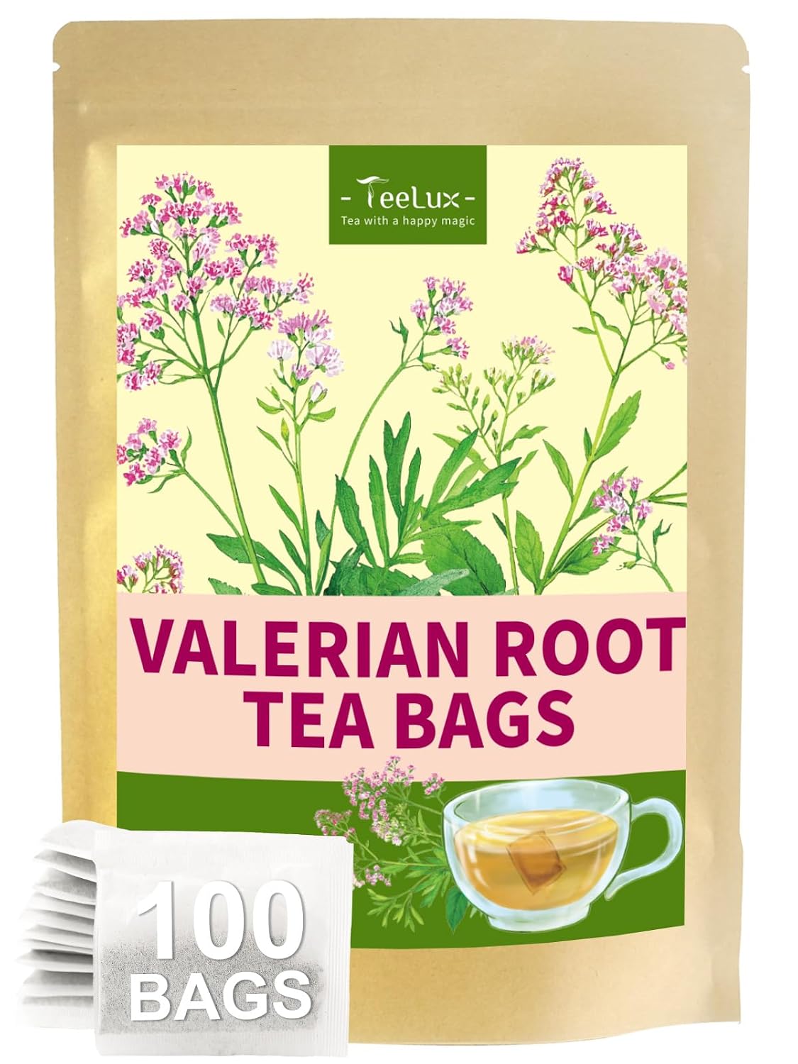 TeeLux Valerian Root Tea Bags, Smooth & Mild Taste, Caffeine Free, 100 ct
