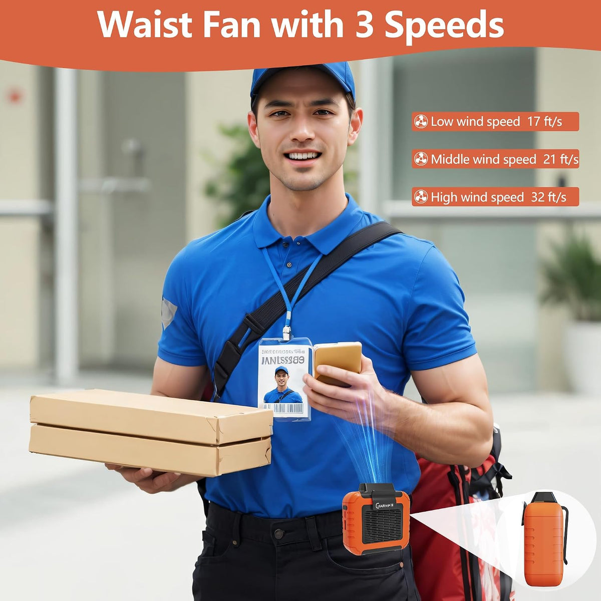 Waist Fan - Portable Cooling Clip Belt Fan with 10000mAh Battery, 24H Working Time, 3 Speeds, 16000RPM Airflow, LED SOS Warning Light for Jobsite, Farming, Fishing, Hot Summer