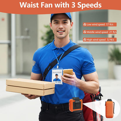 Waist Fan - Portable Cooling Clip Belt Fan with 10000mAh Battery, 24H Working Time, 3 Speeds, 16000RPM Airflow, LED SOS Warning Light for Jobsite, Farming, Fishing, Hot Summer