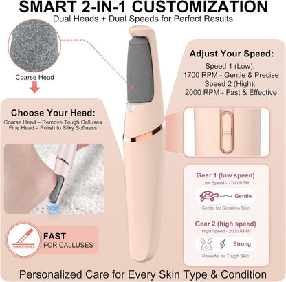 Electric Foot File, Callus Remover for Feet - Rechargeable Pedicure Tool, 2 Speeds 1700/2000 RPM & 2 Heads for Dry & Dead Cracked Skin, Cordless Waterproof Hard Skin Removal, Home Pedicure Gift