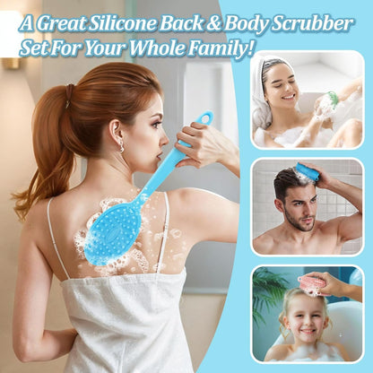 Silicone Back Scrubber & Bath Glove Set 2PCS, 13.4'' Gentle Shower Back Scrubber with Dual-Side Head Non-Slip Handle, 360° Anti-Slip Hand-fit Bath Glove for Rich Foaming Deep Cleaning(Black)