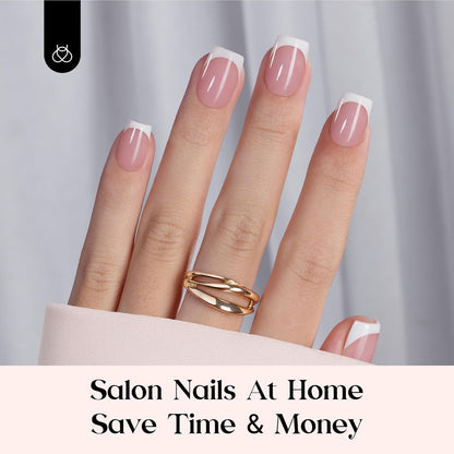 Beetles Press On Nail Kit-Short Square French Tip Press On Nails, 150Pcs Pink French Nail Tips with Nail Glue & Remover Builder Top Coat Nail Lamp, All-in-One DIY Fake Nails Gift for Women