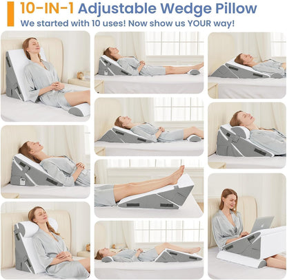Sasttie Wedge Pillow Set for After Surgery, 2PCS Adjustable Bed Wedge Pillow Headboard with Memory Foam Neck Cushion – for Acid Reflux, Sleeping, Neck & Back Support, Dark Grey & White