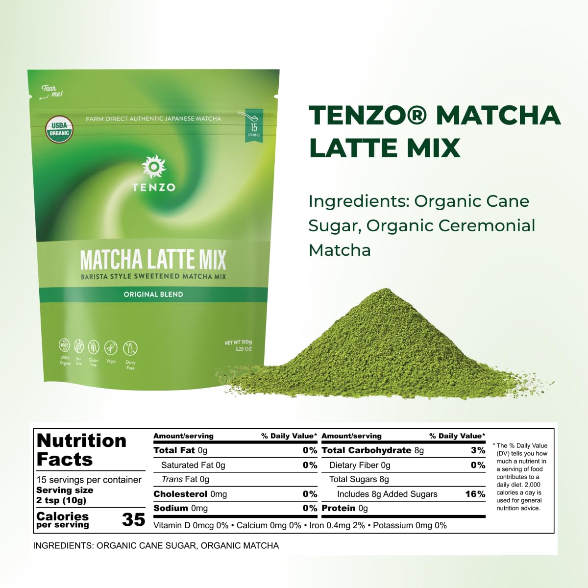 Tenzo Matcha Green Tea Powder, Organic Cafe Sweetened Matcha Latte Green Tea Powder, Ceremonial Barista Crafted Mix - Authentically Japanese - Matcha Latte Mix (35.27 Ounce)