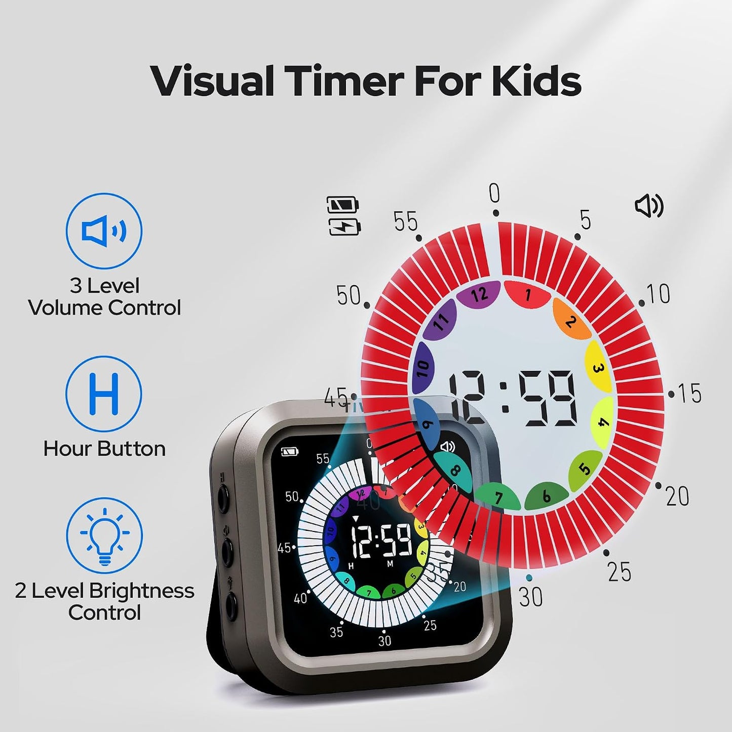 Visual Timer for Kids with Color Display Kitchen Timer 1500mAh Battery