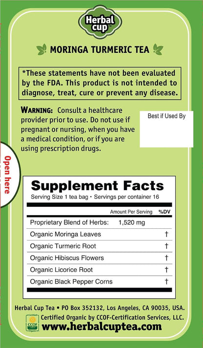 Herbal Cup Ayurveda Moringa Tea, Organic Turmeric, No Caffeine Herbal Teas (Organic Moringa Turmeric, 16 Count (Pack of 6)
