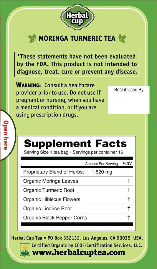 Herbal Cup Ayurveda Moringa Tea, Organic Turmeric, No Caffeine Herbal Teas (Organic Moringa Turmeric, 16 Count (Pack of 6)