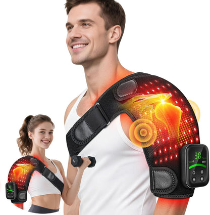 Upgraded Cordless Red Light Therapy for Shoulder with Massage, 5000mAh Controller 100 LEDs Infrared Heated Shoulder Wrap, Ergo Pressure Pad & 2 Extension Straps, Fits Left/Right Shoulders, Black