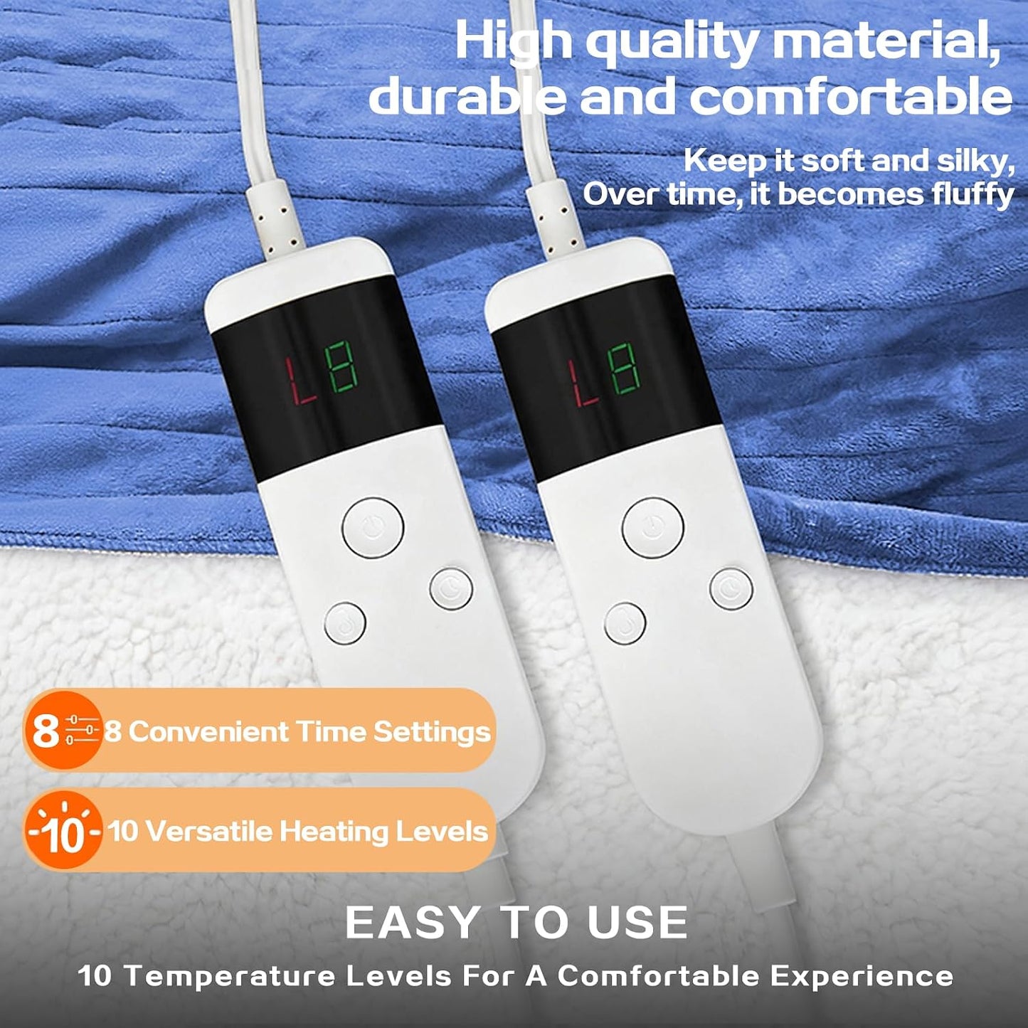 Electric Heated Blanket Throw Size 50''x60''-Control Heating Blanket, Soft & Warm Flannel 10-Level Temperature Control, 8 Hours Auto Off, Rapid Heating & Overheat Protection