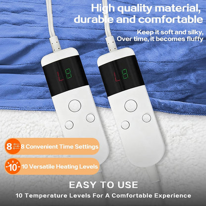Electric Heated Blanket Throw Size 50''x60''-Control Heating Blanket, Soft & Warm Flannel 10-Level Temperature Control, 8 Hours Auto Off, Rapid Heating & Overheat Protection