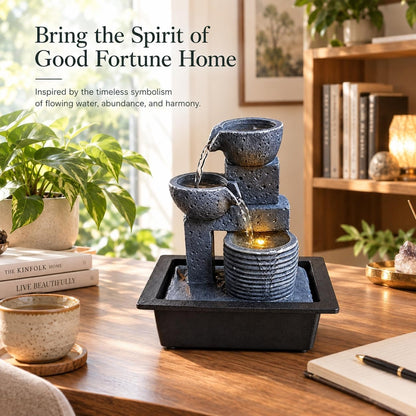 Tabletop Water Fountains, 10.6" Indoor Waterfall with Relaxing Warm Lights & Quiet Pump, Small Soothing Sound Machine, Feng Shui Decor for Good Luck, Relaxation & Meditation