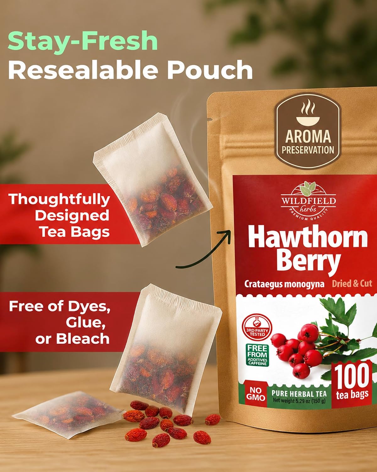 100 Bags Hawthorn Berry Herbal Tea (Crataegi fructus) – 100 Tea Bags 1.5g Hawthorn Fruit Espino Blanco