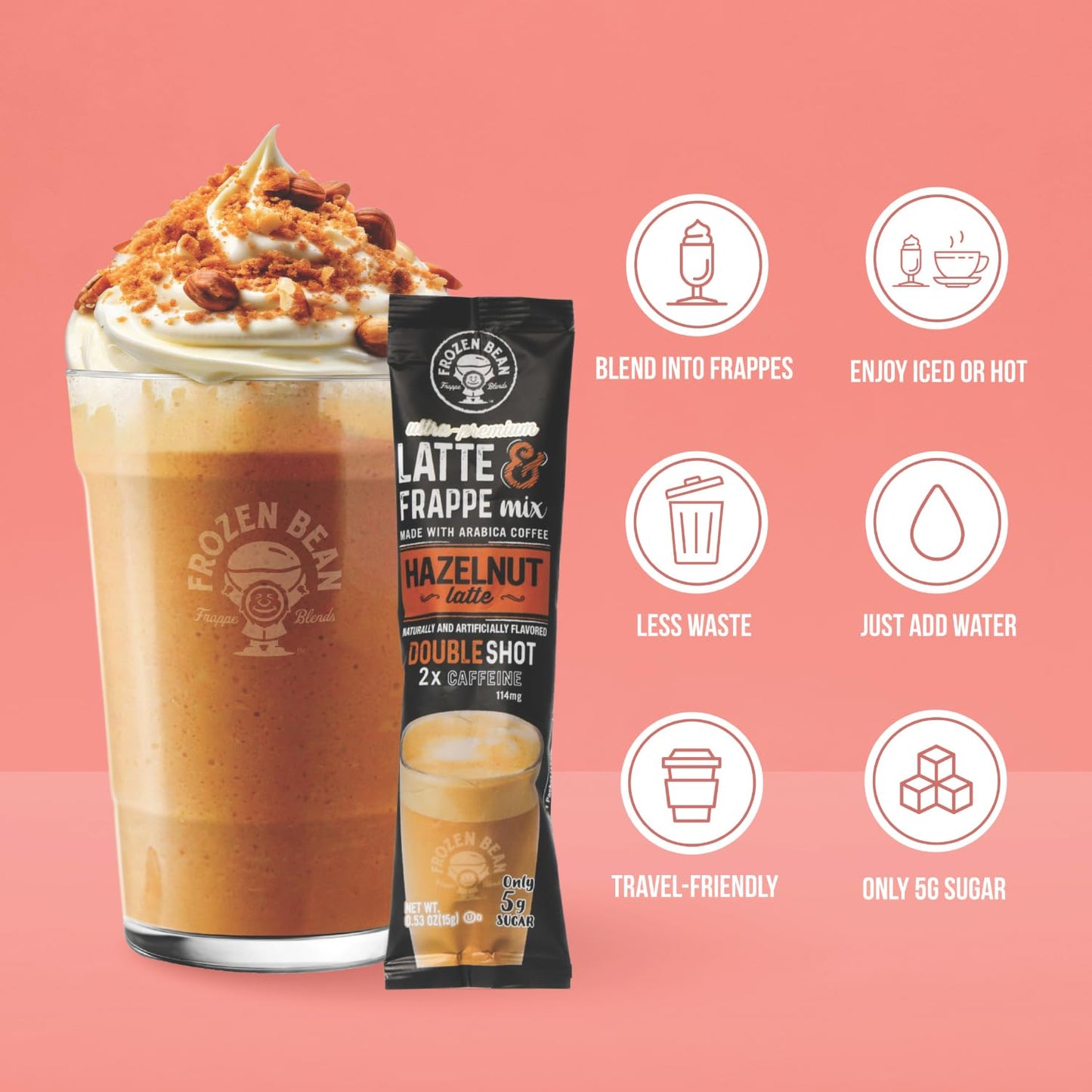 The Frozen Bean Vanilla Bean Frappe & Latte Instant Mix (10 Sticks), Made with Arabica Coffee, Double Shot Caffeine, Low Sugar & Premium Ingredients, Hot, Iced, or Blended Drinks
