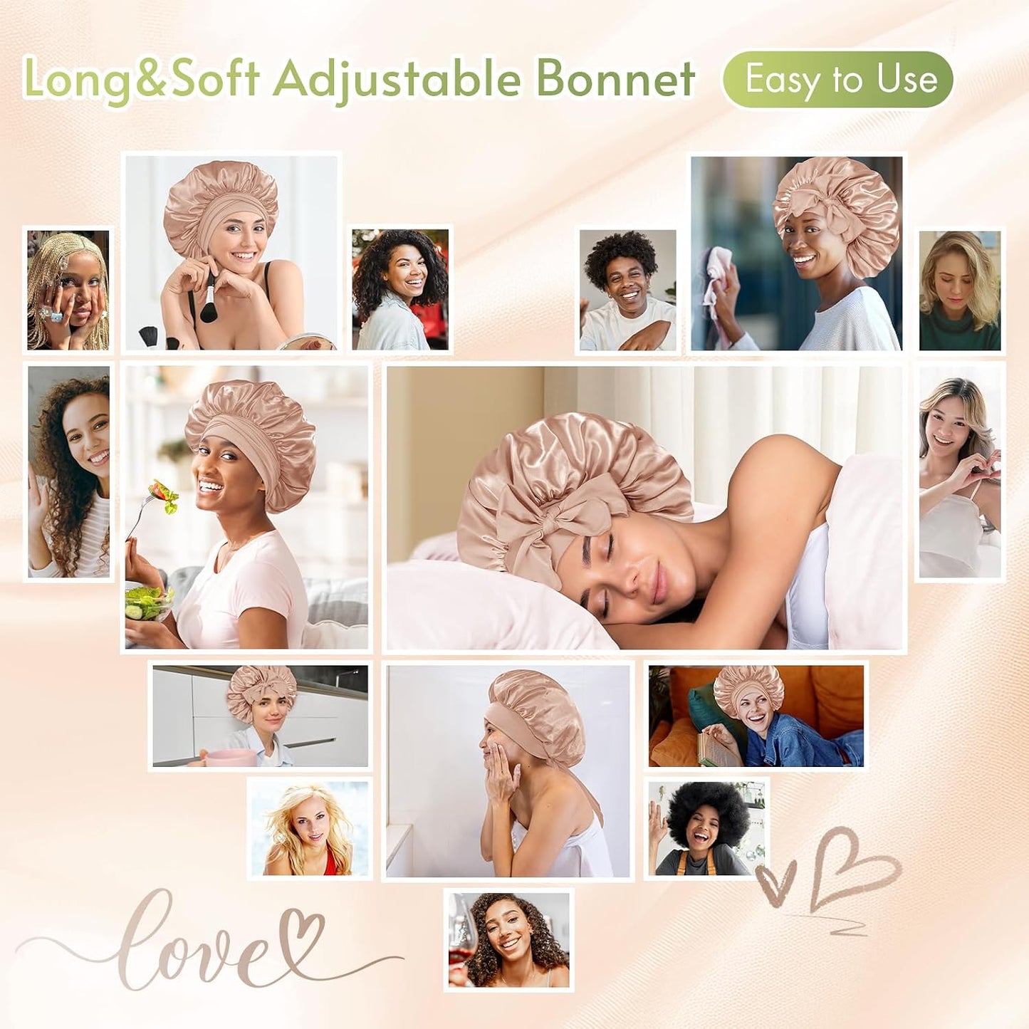 BONNET QUEEN Silk Bonnet for Sleeping for Women Satin Bonnet Night Cap for Curly Hair with Tie Band, Single Layer, Cream Pink