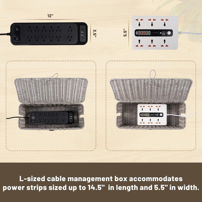 Cable Management Box, Cord Organizer with Lid & Cable Ties - Brown, L