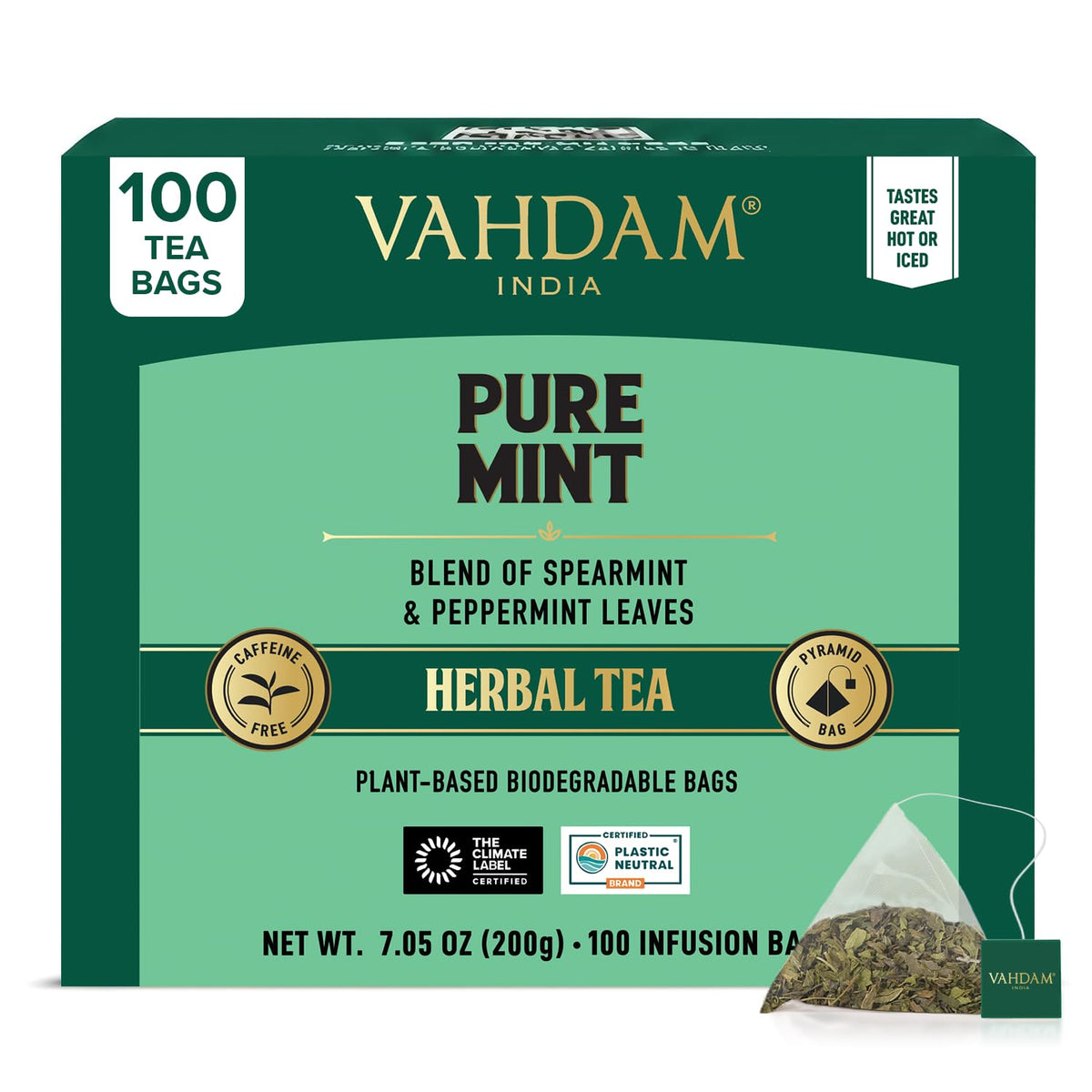 VAHDAM, Pure Mint Herbal Tea (100 Pyramid Tea Bags) Caffeine Free, Non GMO, Gluten Free | Blend of Spearmint & Peppermint - Sweet & Minty | Resealable Ziplock Pouch