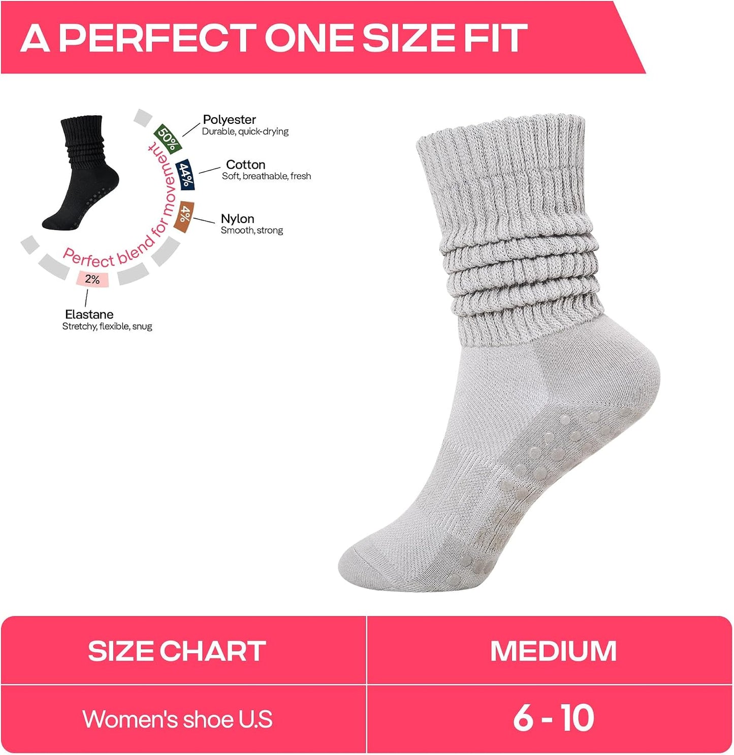 COOLMATE Pilates Socks with Grips for Women, Yoga Socks, Crew Non Slip Women for Barre, Pilates Gifts for Women - Colors B