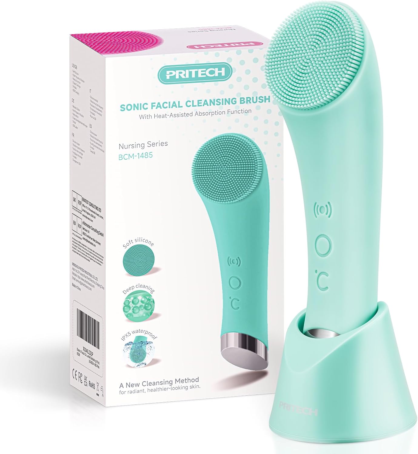 PRITECH Facial Cleansing Brush, Rechargeable Silicone Face Scrubber with Heat Massage End, Vibrating Exfoliator Scrubber for Deep Cleaning, Waterproof Face Brush for Women and Men (Pink)