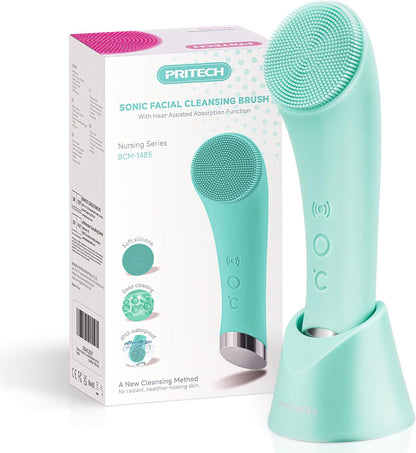 PRITECH Facial Cleansing Brush, Rechargeable Silicone Face Scrubber with Heat Massage End, Vibrating Exfoliator Scrubber for Deep Cleaning, Waterproof Face Brush for Women and Men (Pink)