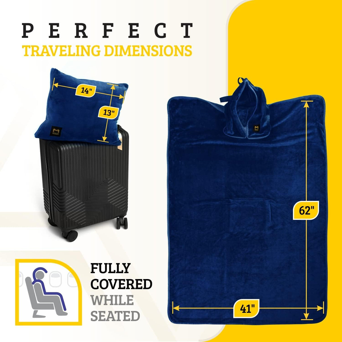 Travel Blanket Airplane Compact with Hoodie – 2in1 Airplane Travel Accessories from Plane Blanket to Travel Pillow with Luggage Strap, Soft Handle & Secure Pocket
