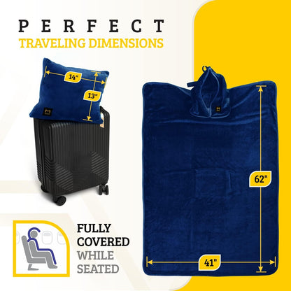 Travel Blanket Airplane Compact with Hoodie – 2in1 Airplane Travel Accessories from Plane Blanket to Travel Pillow with Luggage Strap, Soft Handle & Secure Pocket