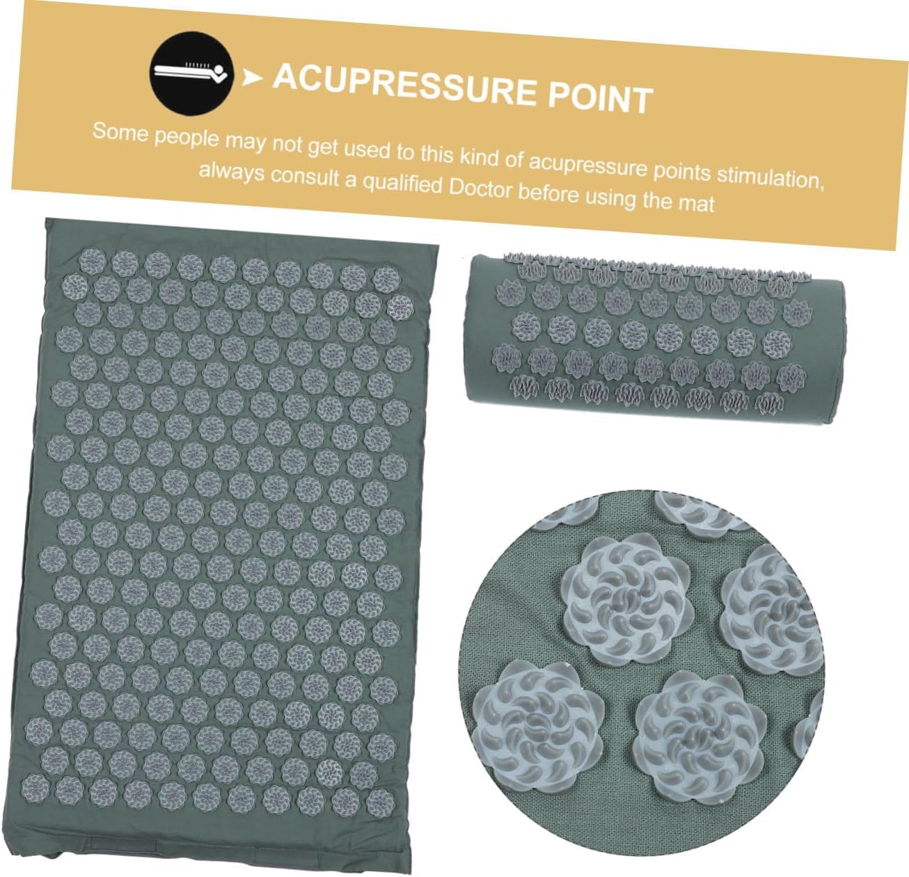 Acupressure Mat and Shiatsu Massage Pillow Set with Bag, Washable Grey Yoga Mat for Back and Neck Relief, Acupuncture Accessory Suitable for Wellness and Relaxation